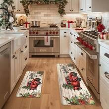 1/2/3 Pcs Christmas Kitchen Mat, Rustic Wooden Christmas Car And Christmas Tree Pattern, "The Most Wonderful Time Of The Year" Holiday Decor, Polyester Crystal Velvet Anti-Fatigue Mat, Non-Slip, Washable, Suitable For Home, Bedroom, Living Room, Kitchen, Bathroom, Entryway And More. - Multicolor - View 6