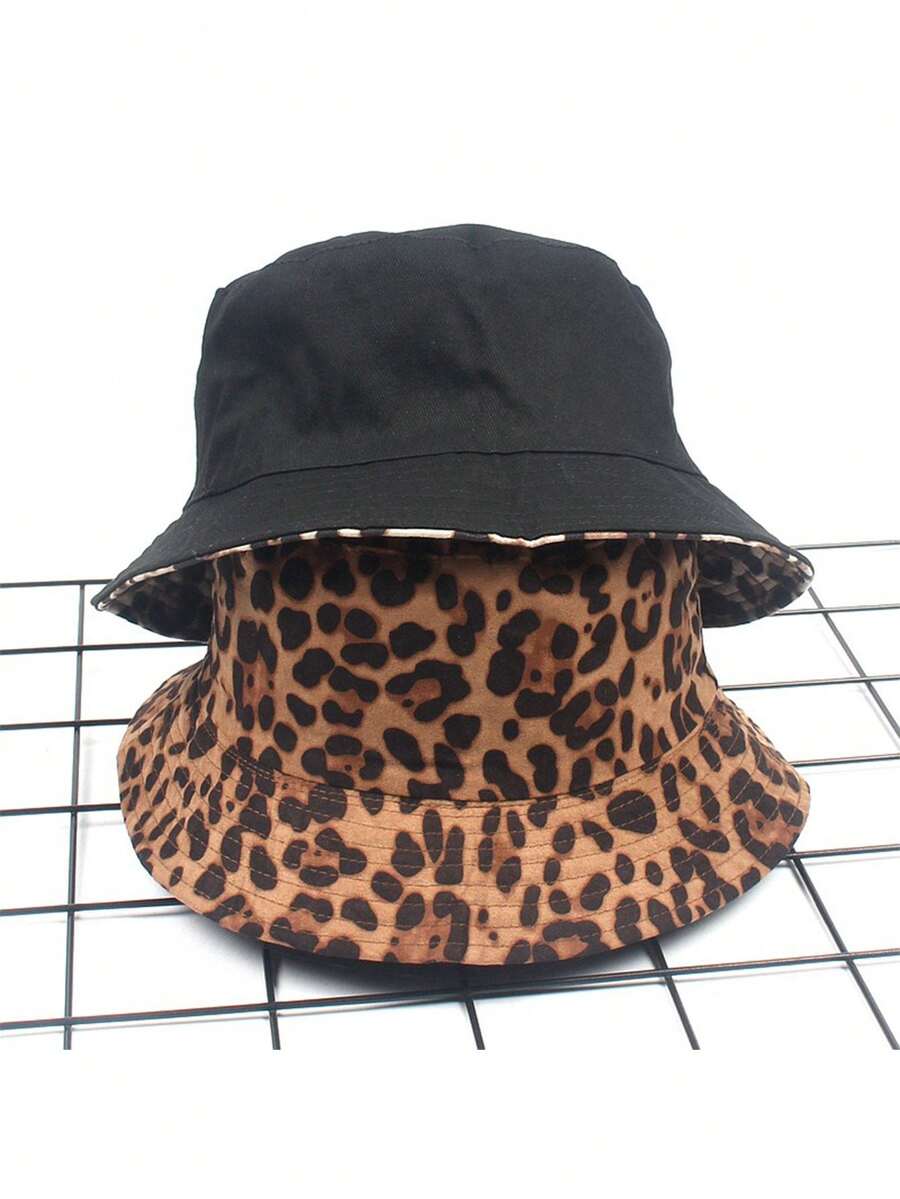 1顶双面涂鸦渔夫帽，豹纹防晒帽，男女通用户外百搭嘻哈印花渔夫帽 - 豹紋雙面漁夫帽 - 查看 1