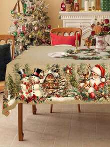 1pc Christmas Tablecloth, Vintage Santa Claus Snowman Winter Village, Polyester Tablecloth, Round/Rectangular, Christmas Party Home Kitchen Dining Table Decor, Christmas Gift - Multicolor - View 3