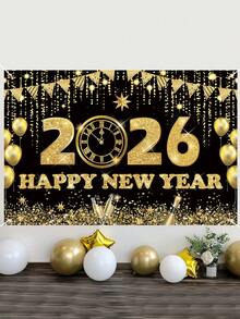 1pc 2026 Happy New Year Party Backdrop, Black & Gold Polyester Background Cloth, 2026 New Year Celebration Party Decor, Home Decor, Room Decor, Wall Hanging Banner, Garden Flag, New Year Hanging Decoration, New Year Gift, 2026 New Year Decoration - New Year Black Gold E - View 3