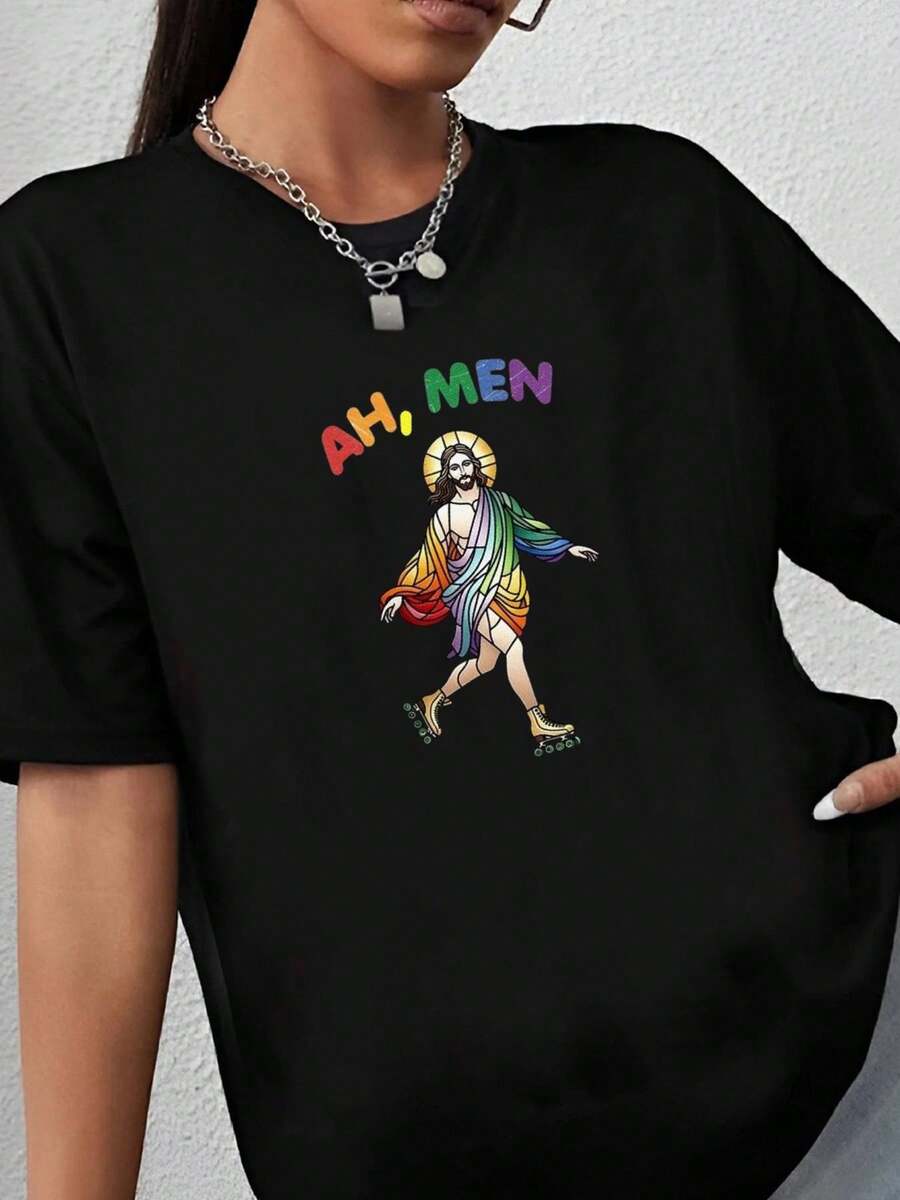 180g pure Cotton Oh Men Shirt Drag Queen Funny Jesus Gay Men Christian Shirt Gay Pride LGBTQ Gift Catholic Jesus LGBT Gift For Bi Pride Shirt Jesus Meme T-Shirt For Women Casual Soft designer clothes Comfortable Women Top Graphic Tees Summer Unisex - Negro - Ver 1
