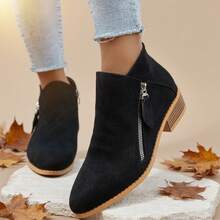 2025 Autumn And Winter Women's Fashion Ankle Boots And Short Boots, 2024 New Style Pointed Toe Design Fashionable Thick Heel Slim Boots - 黑色 - 查看 3