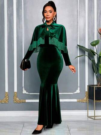 AOMEI Women's Fall Winter Velvet 2 Pieces Sets Lace Up Shawl With Tassel Bodycon Long Mermaid Dress Evening Cocktail Party