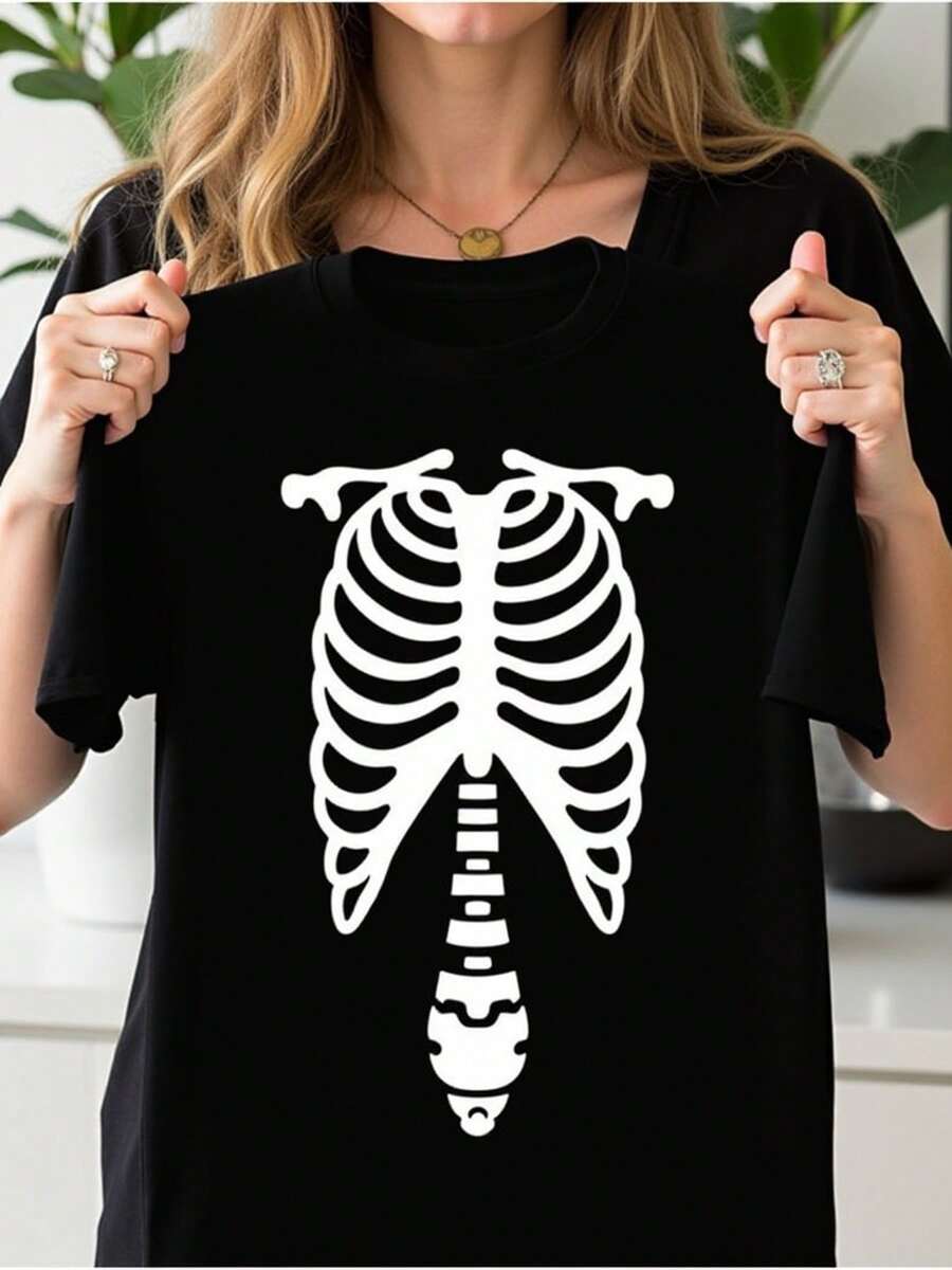 Camiseta de Halloween de Calavera Divertida con Diseño Único, Ideal para Fiestas Temáticas para Adultos, Varios Tamaños, Color Negro, Moda de la Temporada. - Oscuro - Ver 1