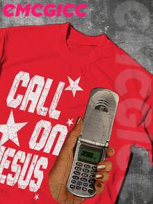 EMCGICC Jesus Shirt,CALL ON JESUS,Y2k,Graphic Shirt Men's Summer Short Sleeved Pure Cotton Comfortable And Breathable Casual Outdoor Street Round Neck T-Shirt, A High-Quality Fashion Brand, A Surprise Gift For Family And Friends.Graphic Tees Men,God Shirts - Đỏ - Xem 3