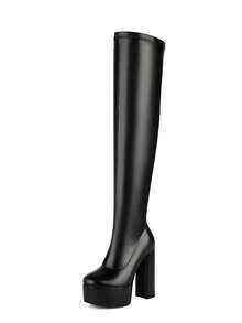 Fall/Winter Women's Minimalist Stretch Thigh High Boots, Classic Over-The-Knee Boots, Super High Heel Platform Thick Sole Slip-On Side Zipper - Black - View 8