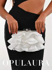 Bolso de mano elegante y encantador con diseño de pétalos de OpulAura para mujer, bolso con volantes adecuado para vestido de noche, apto para boda/vacaciones/fiesta formal/baile de graduación, incluye cadena - Blanco - Ver 10