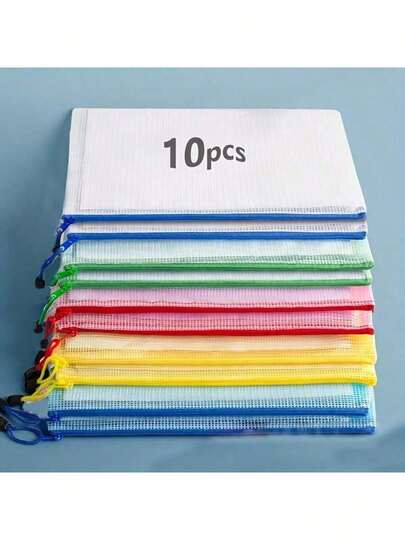 10 Stücke Reißverschluss Dateitaschen, wasserdichte Kunststoff-Mesh-Tasche, Dokumententaschen mit Reißverschluss, strapazierfähiges PVC, mit Kordelzug & Griff, ideal für Büro, Schule, Brettspiel-Aufbewahrungstaschen, Reisen