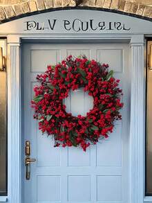 1 Stück Künstlicher Weihnachtskranz mit roten Beeren für Haustür, Winterkranz mit roten Beeren für Innen- und Außenbereich, Weihnachts- und Winterdekoration, Fröhliche Weihnachten