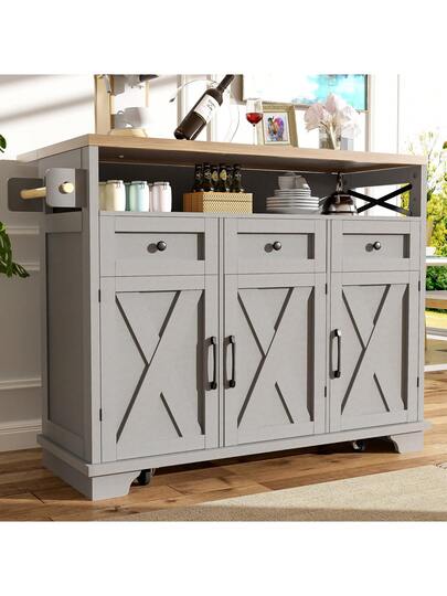 Sairedel Mobile Kitchen Isl Wheels Wood Grain 118x43 80x98 Cm, Grijs Multifunctional Storage Space, Removable Dividers Towel Rack Practical Dining Cart Cabinet view 2