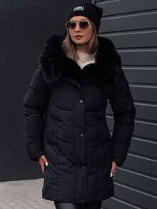 Long Women's Winter Jacket With Faux Fur, Warm Winter Outerwear, Elegant Hooded Parka With Polyester Filling, Stylish Everyday Look, Perfect For Special Occasions, Comfortable Cold Weather Wear - Black - View 1