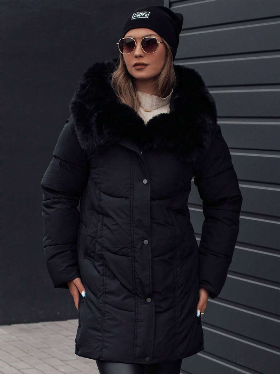 Long Women's Winter Jacket With Faux Fur, Warm Winter Outerwear, Elegant Hooded Parka With Polyester Filling, Stylish Everyday Look, Perfect For Special Occasions, Comfortable Cold Weather Wear - Black - View 1