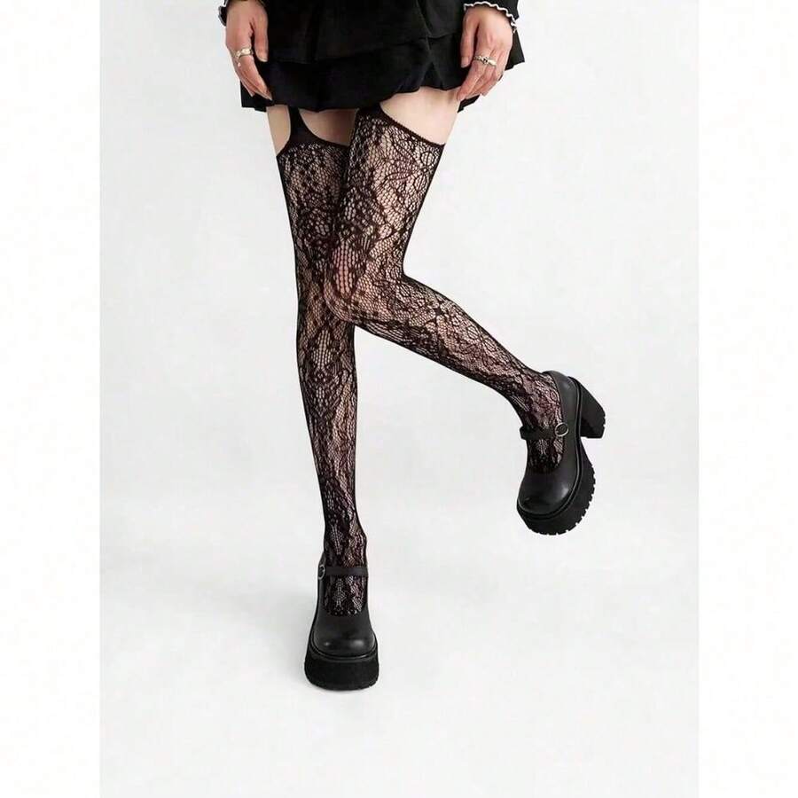 1 Pair Of Spider Web Suspenders, High Tube Hollow Mesh Socks, Long Tube Knee High Suspender Socks, Hollow Socks, Suitable For Daily Parties And Outings In Summer - 黑色 - 查看 1