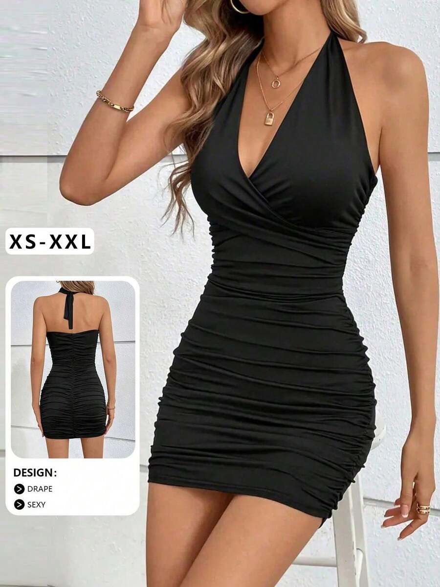 Sexy Deep V-Neck Ruched Waist Halter Backless Mini Dress, Summer New Arrival,Party Dress - Black - View 1