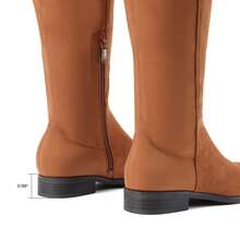 Women Reserve Tall Boots, Flat Low Heel Stretchy Knee High Boots Comfortable Round Toe Suede Slouch Side Zipper Fashionable Solid Color Boots - 駝色 - 查看 5