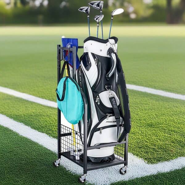 Schwarzer Metall-Golfclub-Organizer – Mehrschichtiger beweglicher Golftaschenständer mit Schiebeablage für Bälle, Golfclubs, Taschen und Sportschuhe – Langlebige Lackierung, ideal für die Organisation im Homegarage, Golfzubehör, vielseitiges Regal, schlankes Design, robuste Konstruktion, Sportregale