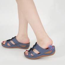 Ecetana Women's Slip-On Platform Sandals - Breathable Open-Toe Wedge Slides With Arch Support & Floral Decor, Non-Slip Sporty Beach Shoes For Vacation, Walking And Summer Outings.Women's Summer Black Sandals.Plataformas De Mujer Elegantes, - 藍色 - 查看 8