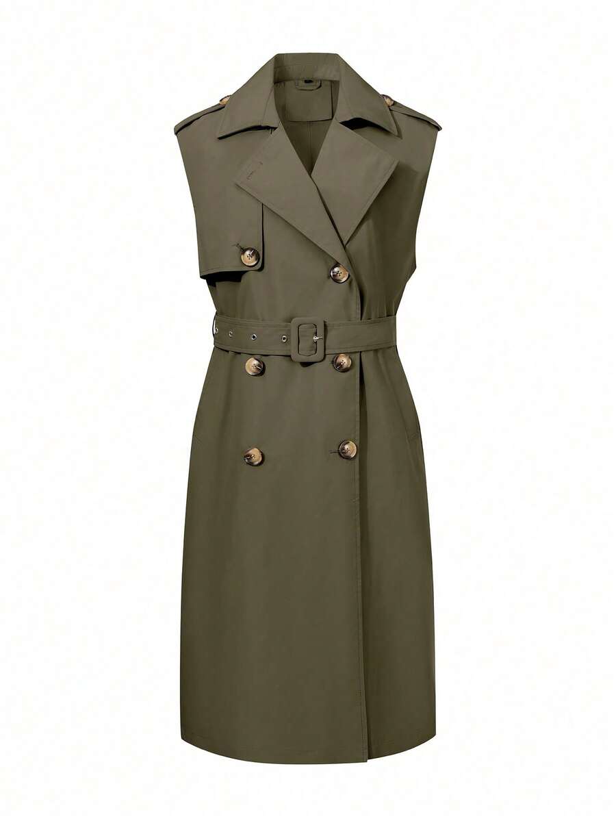 Women's Mid-Length Commuter Trench Coat With Pockets And Belt - An Ideal Choice For Spring And Autumn - Green - View 1