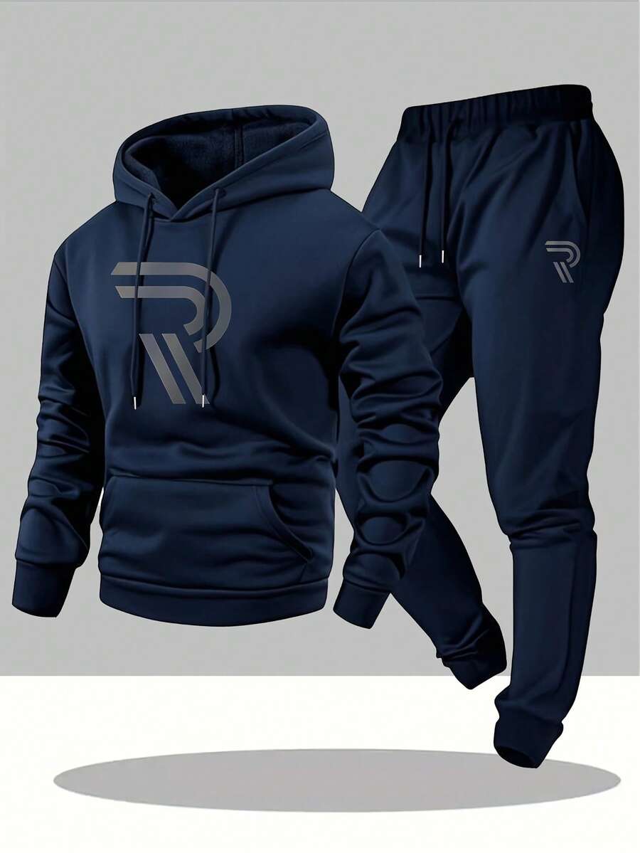Men's Two-Piece Set, Casual Round-Neck Long-Sleeved Hooded Sweatshirt And Sweatpants Set, Suitable For Winter And Autumn, Sportswear Set, Sweater Hooded Shirt, Sweatshirt, Sweatpants, Hooded Shirt, Jogging Pants,Duetodifferentproductionbatches,Theremaybesomecolordifferences. - 藏蓝色 - 查看 1