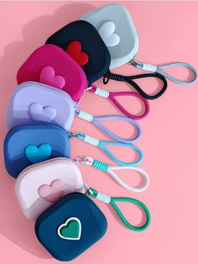 New Heart-Shaped Small Square Pouch, Coin Purse, Lipstick Case, Card Holder, Bluetooth Earphone Storage Bag, Handheld Soft Silicone Card Key Coin Purse, Multi-Function Waterproof Silicone Storage Pouch, Holiday Gift