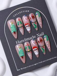 Bộ 10 miếng dán móng tay hình quả hạnh nhân chủ đề Giáng sinh vẽ tay cây thông Noel, ông già Noel, bông tuyết, nai sừng tấm phong cách Y2K sang trọng và làm thủ công, thanh lịch và lộng lẫy, thích hợp cho các quý cô và bé gái - Nhiều màu - Xem 3