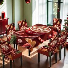 1/4/5/6/7/36 pièces Tasse rouge de Noël avec motif flocon de neige, remplie de boisson chaude et de guimauve, entourée de canne en bonbon, bonhomme en pain d'épices, cadeau de Noël, ensemble de housse de chaise imprimée de branche de pin, convient pour la maison, le restaurant, l'hôtel, idéal pour la décoration quotidienne moderne. Nappe carrée, housse de chaise élastique lavable.