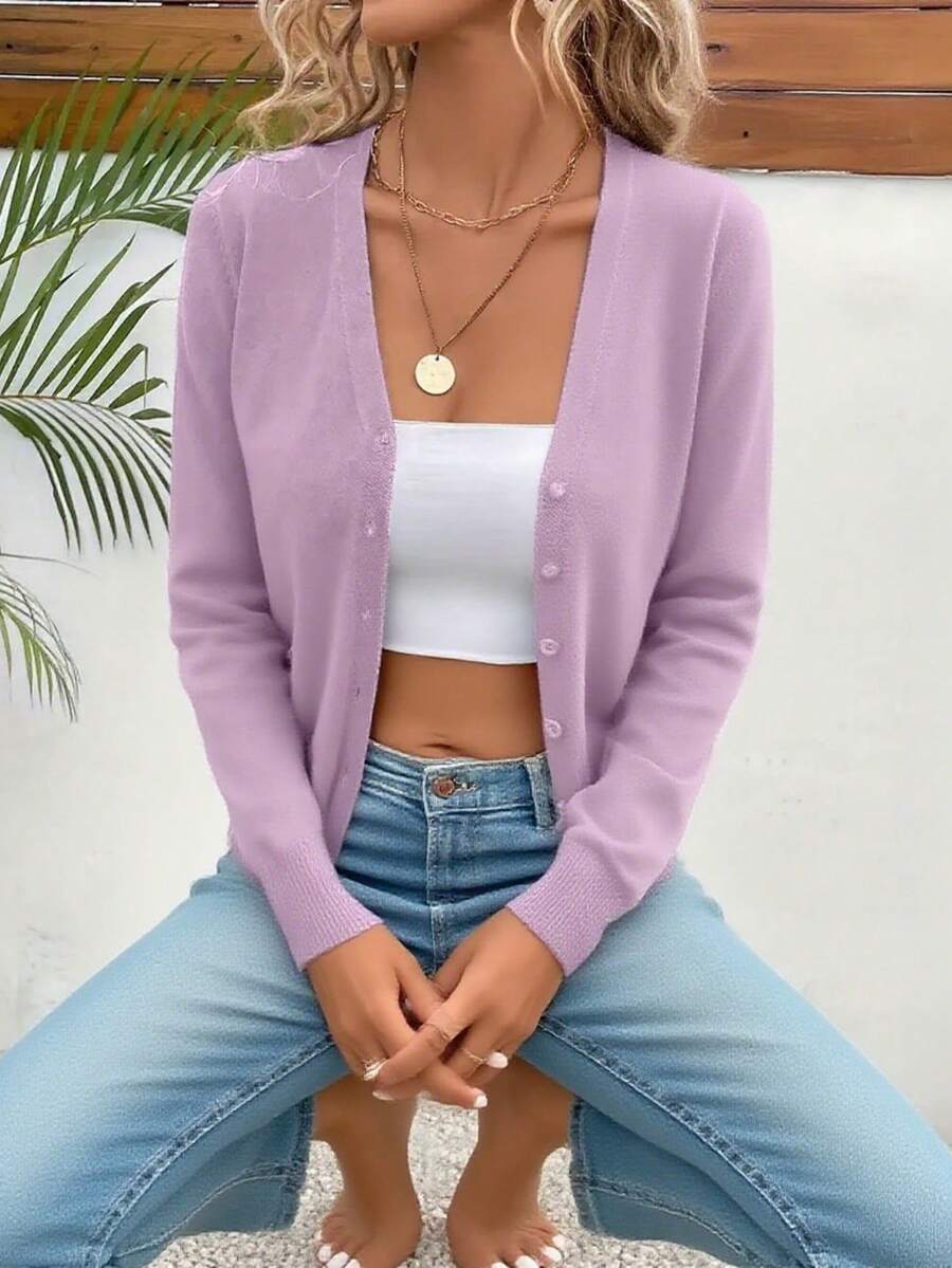 Women's Lightweight V-Neck Cardigan Sweater Solid Color Long Sleeve Slim Fit Jacket - 紫色 - 查看 1
