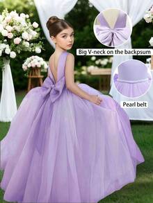 少女优雅浅紫色仿珍珠蝴蝶结薄纱连衣裙，适合婚礼、公主裙、舞会礼服、晚礼服、生日派对、毕业典礼、圣诞节 - 紫色 - 查看 4
