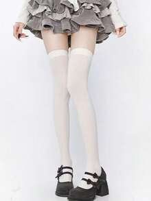 1 Pair Women's Solid Black/Coffee/White/Gray/Ivory Thigh High Socks With Silicone Non-Slip, Fashion Minimalist Versatile, Spring/Autumn