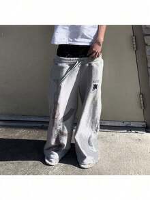Men's Y2k High Street Sports Double-Waisted Sweatpants Printed Embroidered Street Casual Straight Trousers - Xám - Xem 6