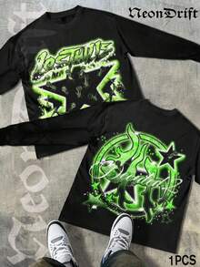 NeonDrift Double-Sided Printing Halloween, Christmas, Thanksgiving Gifts-Glowing Neon Graffiti T-Shirt - Vibrant Green Design For Urban Streetwear Enthusiasts, Perfect For Festivals And Nightlife,  Graphic Tee With Bold Artwork - 黑色 - 查看 1
