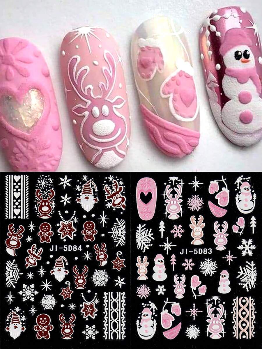 圣诞美甲贴纸指甲贴花 2 件 5D 自粘圣诞圣诞老人手套拐杖糖冬季雪花姜饼人圣诞设计滑块指甲贴纸女士美甲用品