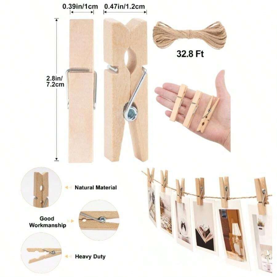 Colored Wooden Clips With String, 50Pcs 2.9Inch Large Clothes Pins, 10 Colors Photo Display Hanging Clips, Decoration Wooden Clips Shower, Birthday, Wedding