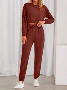 Women Fall 2 Piece Outfits Casual Long Sleeve Crop Top Drawstring Pant Jogger Suit Jumper Sportswear Sweatsuits Tracksuit Matching Set - 磚紅色 - 查看 4