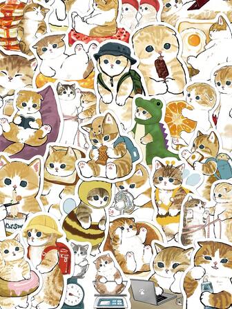 64pcs Cartoon Yellow Cat Doodle Stickers Handbook Laptop Phone Case Luggage Skateboard Guitar Decorative Stickers