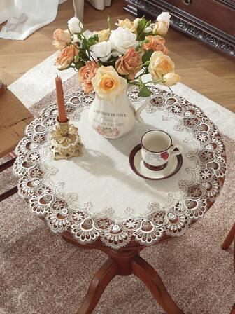 100 % polyesterbroderad spets rund bordsduk, lämplig för kök, matsal, vardagsrum, runt matbord, heminredning, högtidsdekoration, födelsedag, villafest, utomhuspicknick, fest, bröllop