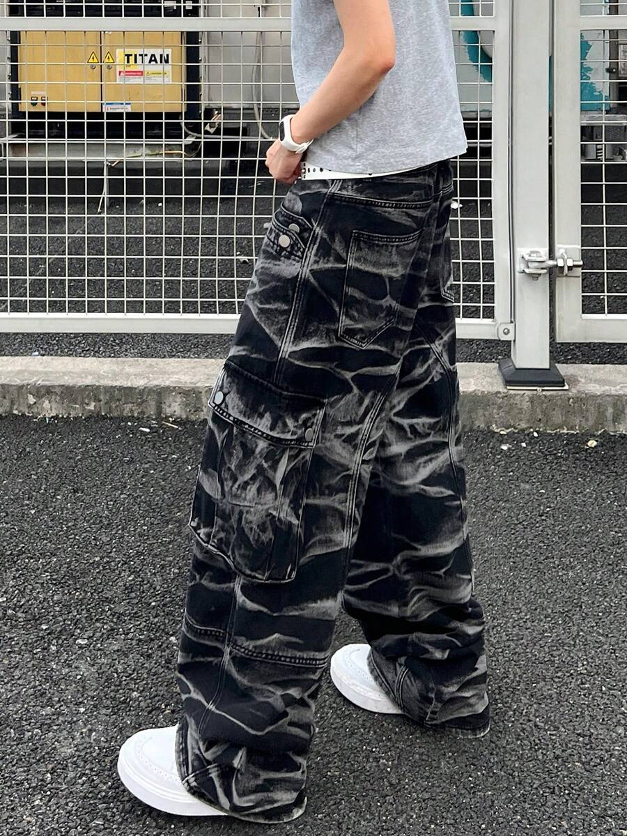 1pc American Casual Street Style Men's Hand-Painted Cargo Pants, Wide Leg Relaxed Fit Versatile Jeans, Patchwork Design, Suitable For All Seasons (Belt And Accessories Not Included) - Black - View 1