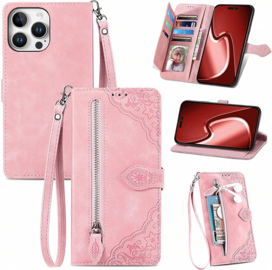 TopFunny Cases For  16 Pro Wallet Case For Women With Card Holder Retro Embossed Flower Zipper Wallet PU Leather Flip Cover With Detachable Lanyard For Apple  16 Pro 6.3" Pink - Vàng hồng - Xem 1