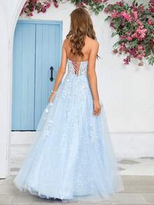 Women's Floral Applique High Slit Mesh Strapless Evening Gown