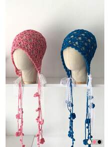 1 件女式手工钩针镂空透气头巾帽，艺术乡村复古风格针织花流苏无檐帽，波西米亚头带帽带耳罩，春夏