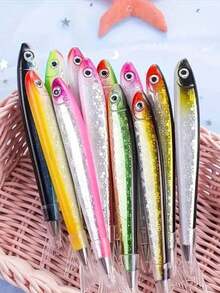 5支鱼形圆珠笔，按压式笔帽，中号笔尖，塑料笔身，长方形笔身 - 适合青少年和成人 - 非常适合学校、办公室和娱乐 - 送给学生和钢笔爱好者的独特礼物 - 彩色 - 查看 1