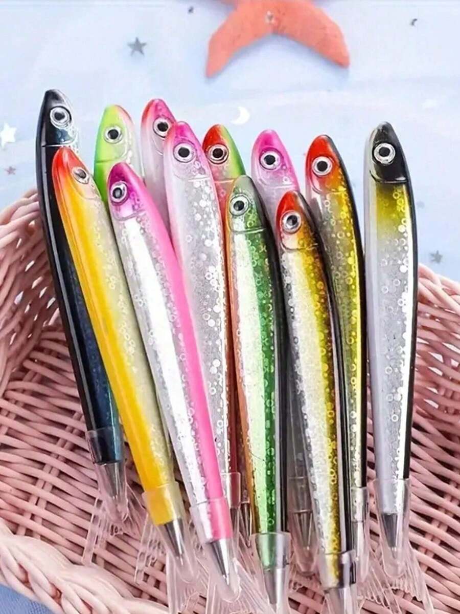 5支鱼形圆珠笔，按压式笔帽，中号笔尖，塑料笔身，长方形笔身 - 适合青少年和成人 - 非常适合学校、办公室和娱乐 - 送给学生和钢笔爱好者的独特礼物 - 彩色 - 查看 1