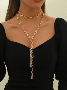 1pc Autumn/Winter New Y-Shaped Necklace, Simple Hip-Hop European And American Style, Double-Layer Chain With Long Tassel Collarbone Chain, Sweater Chain, Versatile Daily Accessory