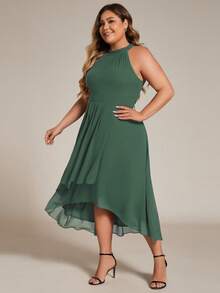 Plus-Size Elegant Chiffon Sleeveless Halter Asymmetric Hem Guest Dress For Wedding And Bridesmaid Occasions