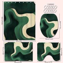 1/4pcs Green Wavy Theme Bathroom Set, Shower Curtain, Bath Mat, U-Shaped Toilet Lid Cover, Waterproof, Fashionable Curtain For Bathroom Decoration, Modern Style, Machine Washable Back To School