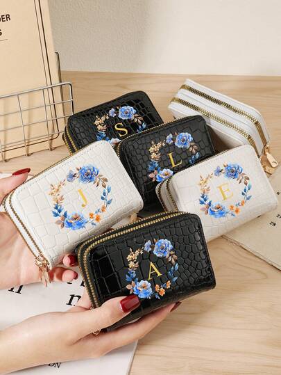 时尚鳄鱼纹和石纹女士卡包，带多个卡槽、双拉链零钱袋和 ID 窗口 - 个性化 A-Z 字母印花，带有叶子和花朵设计，超薄轻便的便携式钱包，可放置信用卡、银行卡和现金，非常适合送给女朋友、母亲、老师或爱人，是旅行、工作、购物和日常使用的理想选择，时尚实用的设计，适合学校、办公室和户外活动