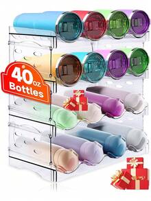 Organizador Apilable Botellas y Vasos Plástico Transparente - Para 16 Botellas Agua, Portátil y Ideal para Cocina, Gabinete, Despensa y Refrigerador - Transparente - Ver 2