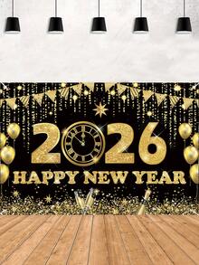 1pc 2026 Happy New Year Party Backdrop, Black & Gold Polyester Background Cloth, 2026 New Year Celebration Party Decor, Home Decor, Room Decor, Wall Hanging Banner, Garden Flag, New Year Hanging Decoration, New Year Gift, 2026 New Year Decoration - New Year Black Gold E - View 2