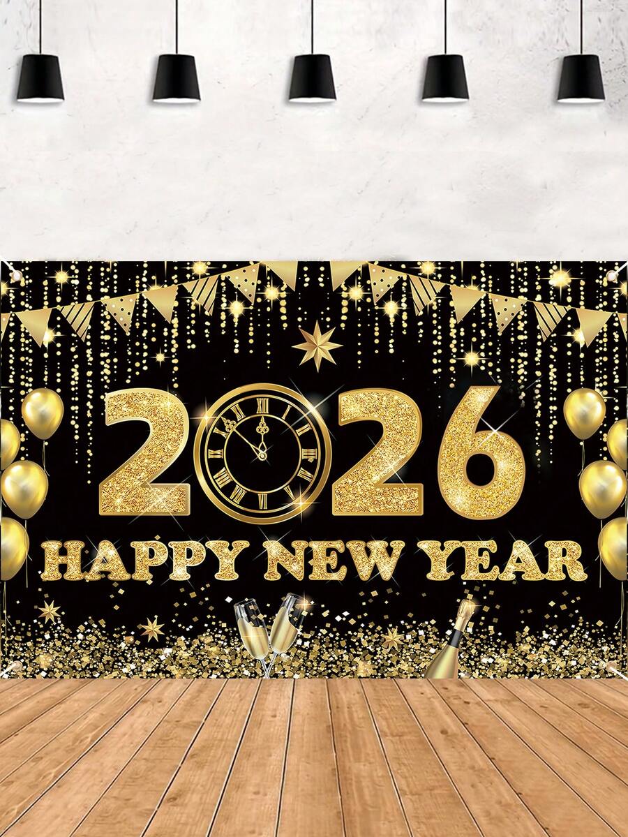 1pc 2026 Happy New Year Party Backdrop, Black & Gold Polyester Background Cloth, 2026 New Year Celebration Party Decor, Home Decor, Room Decor, Wall Hanging Banner, Garden Flag, New Year Hanging Decoration, New Year Gift, 2026 New Year Decoration