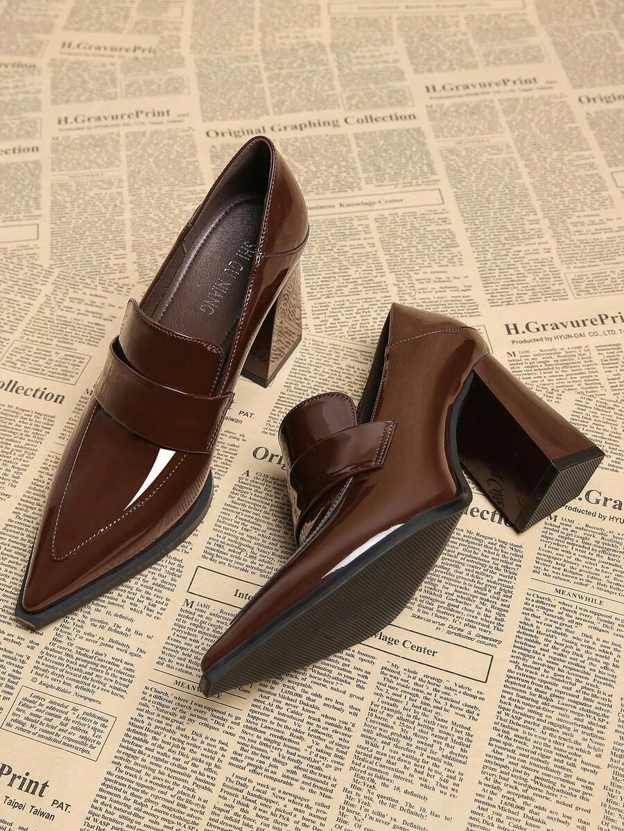 2025 春季新款尖头低跟高跟鞋，优雅简约时尚女鞋，棕色粗跟浅口鞋 - 酒紅色 - 查看 1